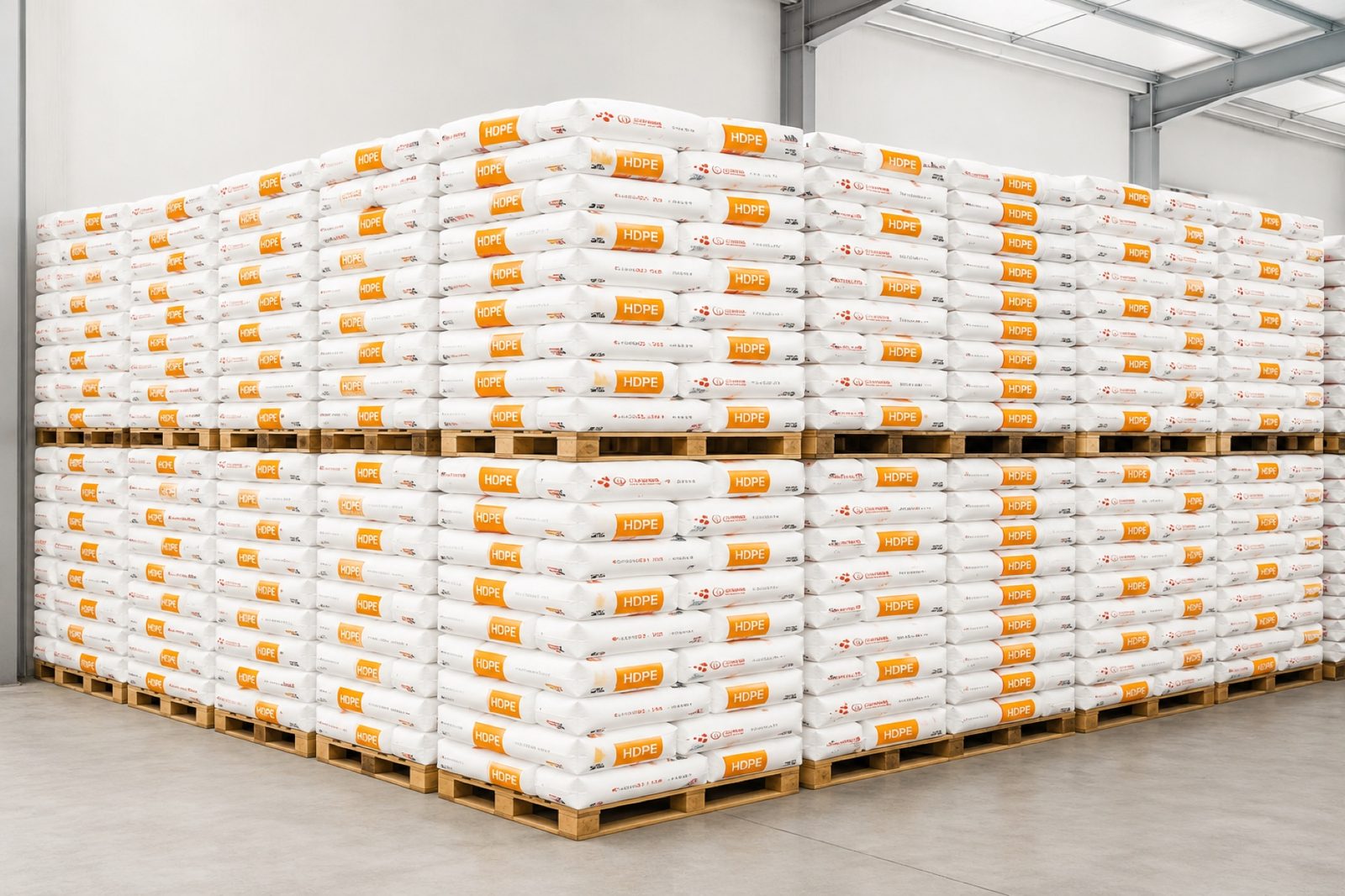 HDPE raw material bags stored on pallets in factory warehouse