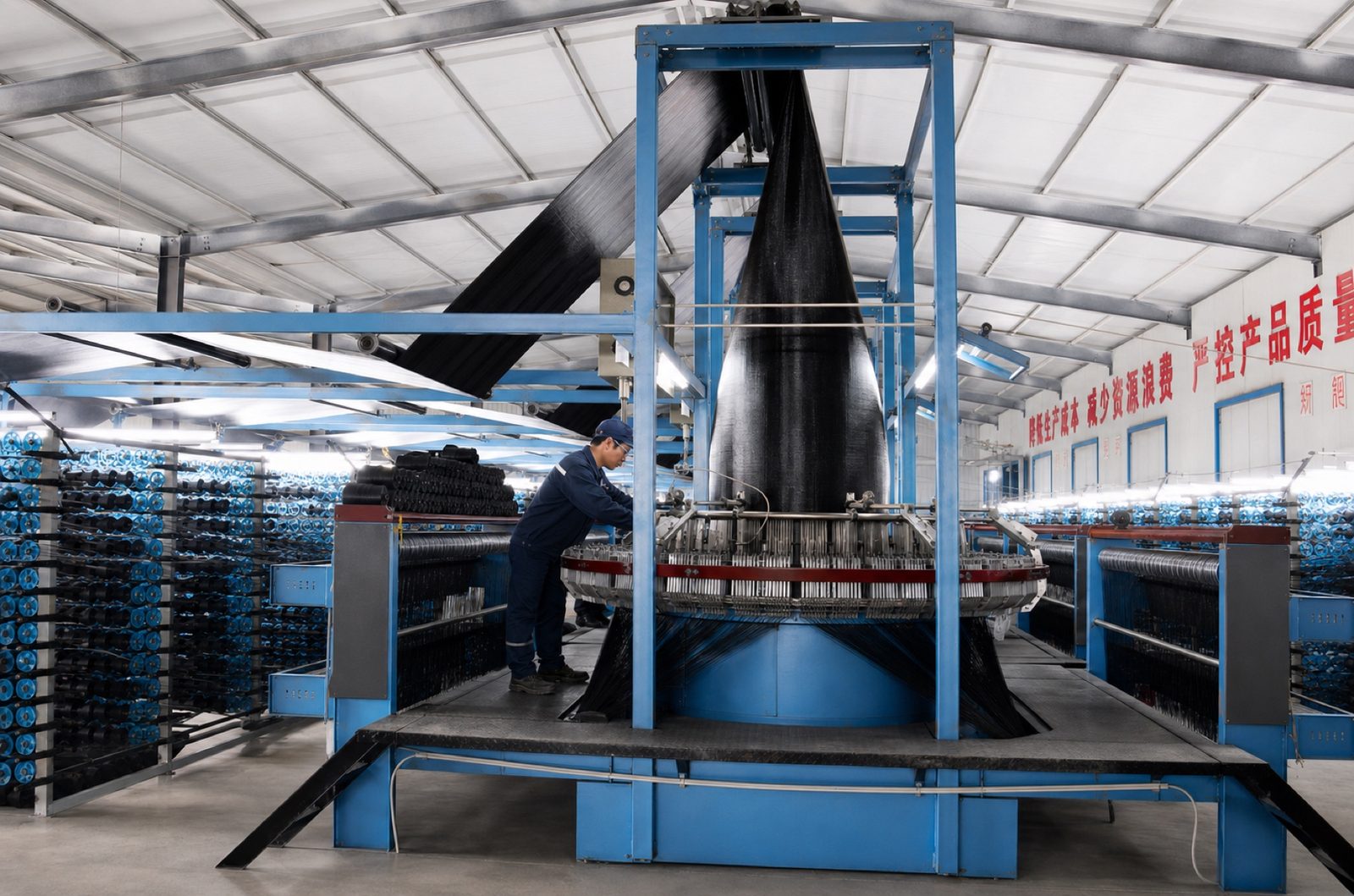 Factory worker operating woven fabric production equipment