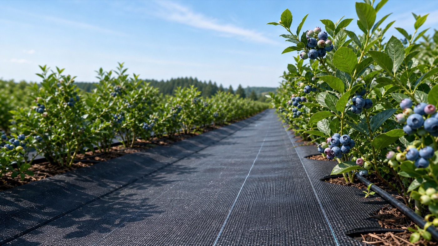 Blueberry farm rows with woven ground cover fabric