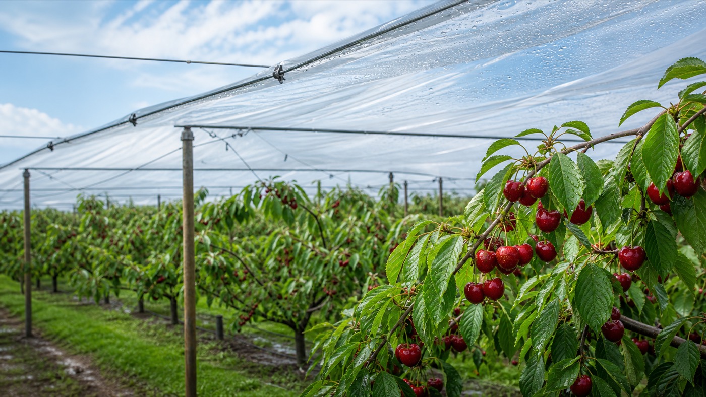 Cherry orchard protected with transparent PE rain cover film