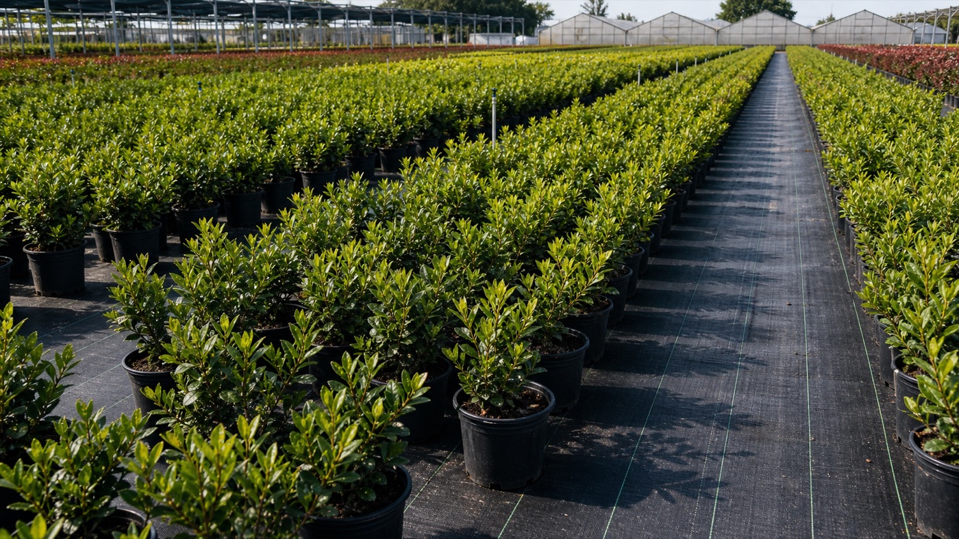Commercial nursery pots arranged on woven ground cover fabric