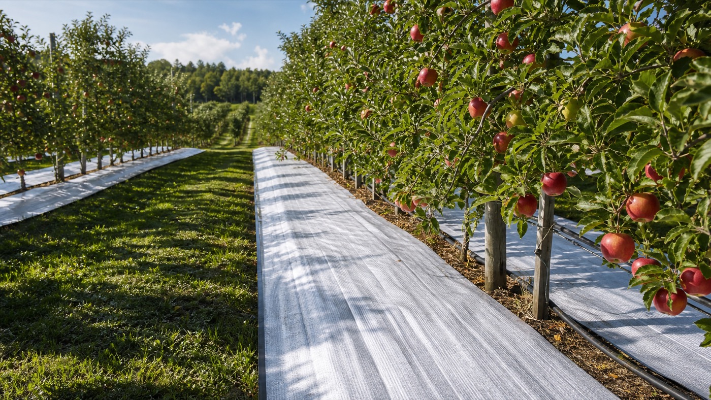 Reflective ground cover strips installed in a fruit orchard