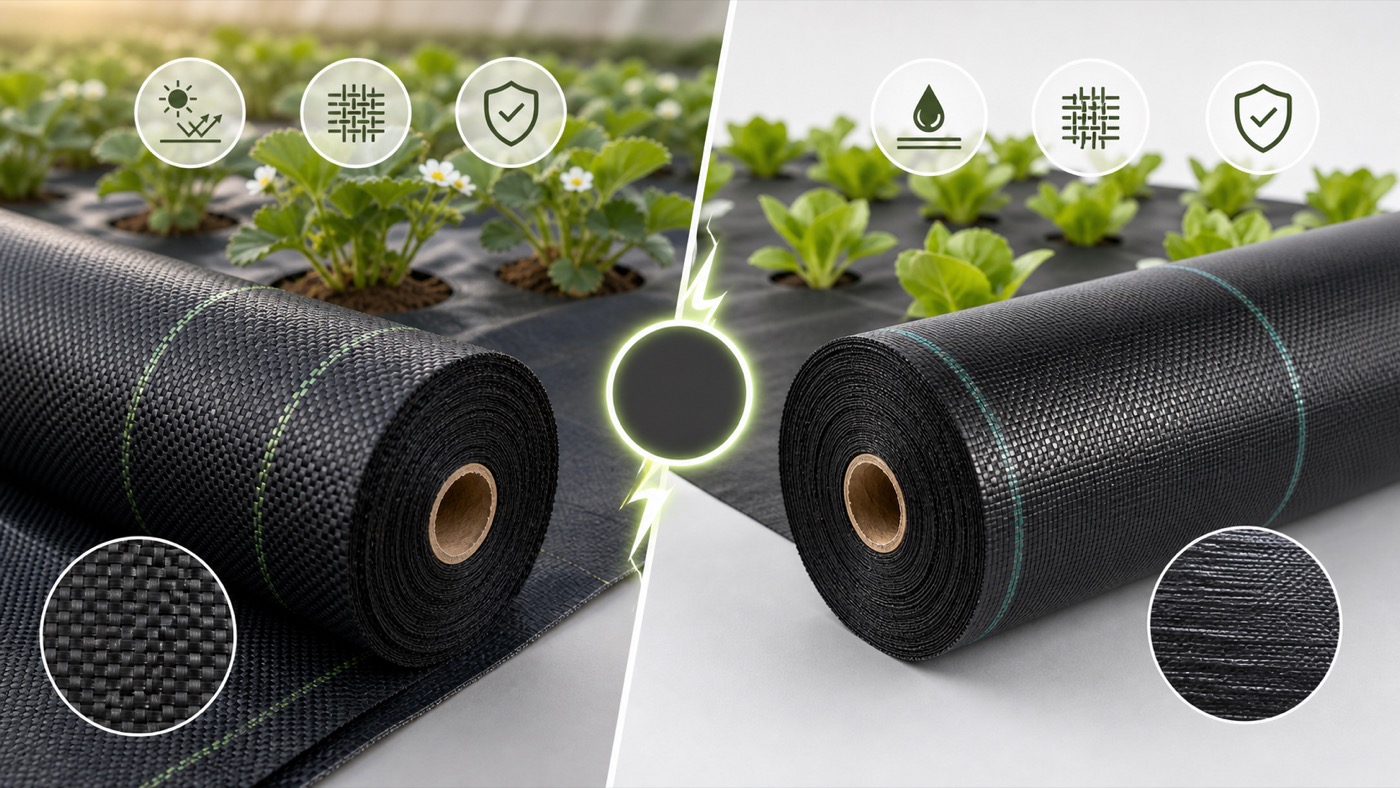 Side-by-side woven weed barrier roll comparison