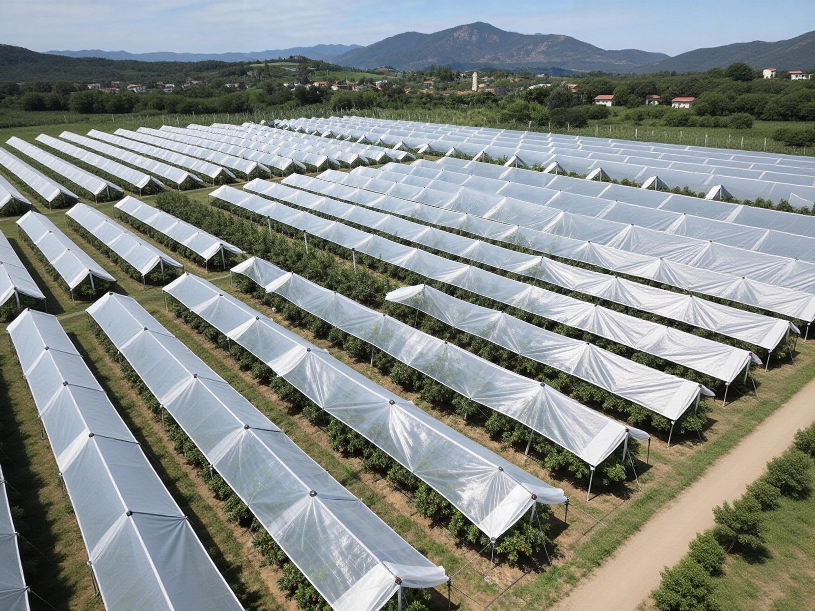Transparent reinforced rain covers installed over a commercial cherry orchard