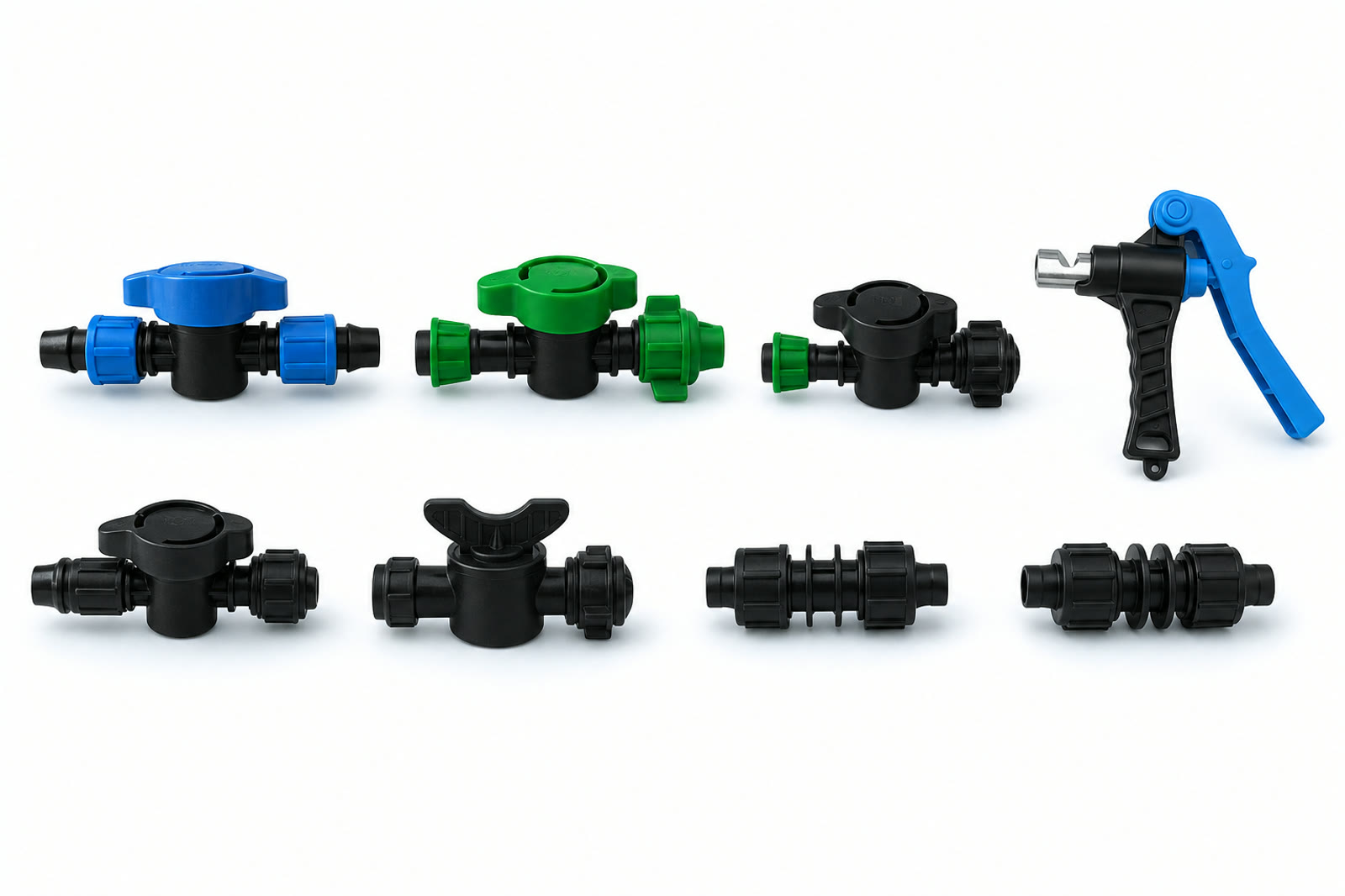 Drip tape valves connectors joiners and hand punch tool arranged as an accessory kit