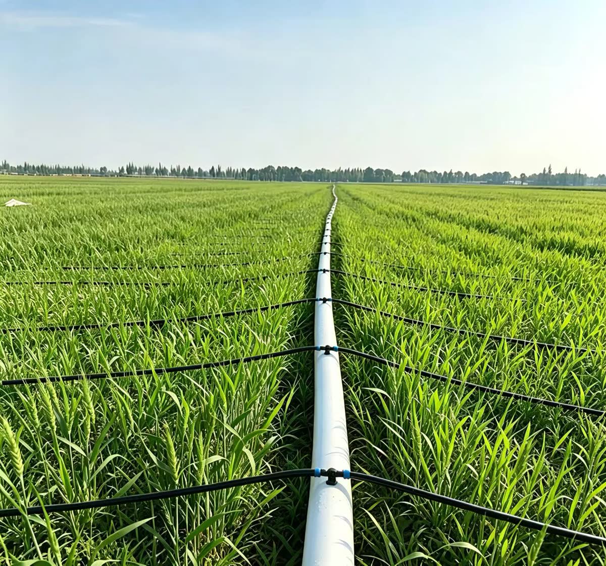 Commercial field irrigation system with PE header pipe and drip tape laterals