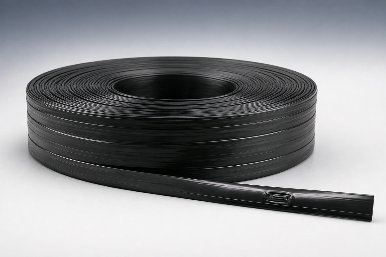 Black HDPE inline drip irrigation tape coil with integrated emitter detail