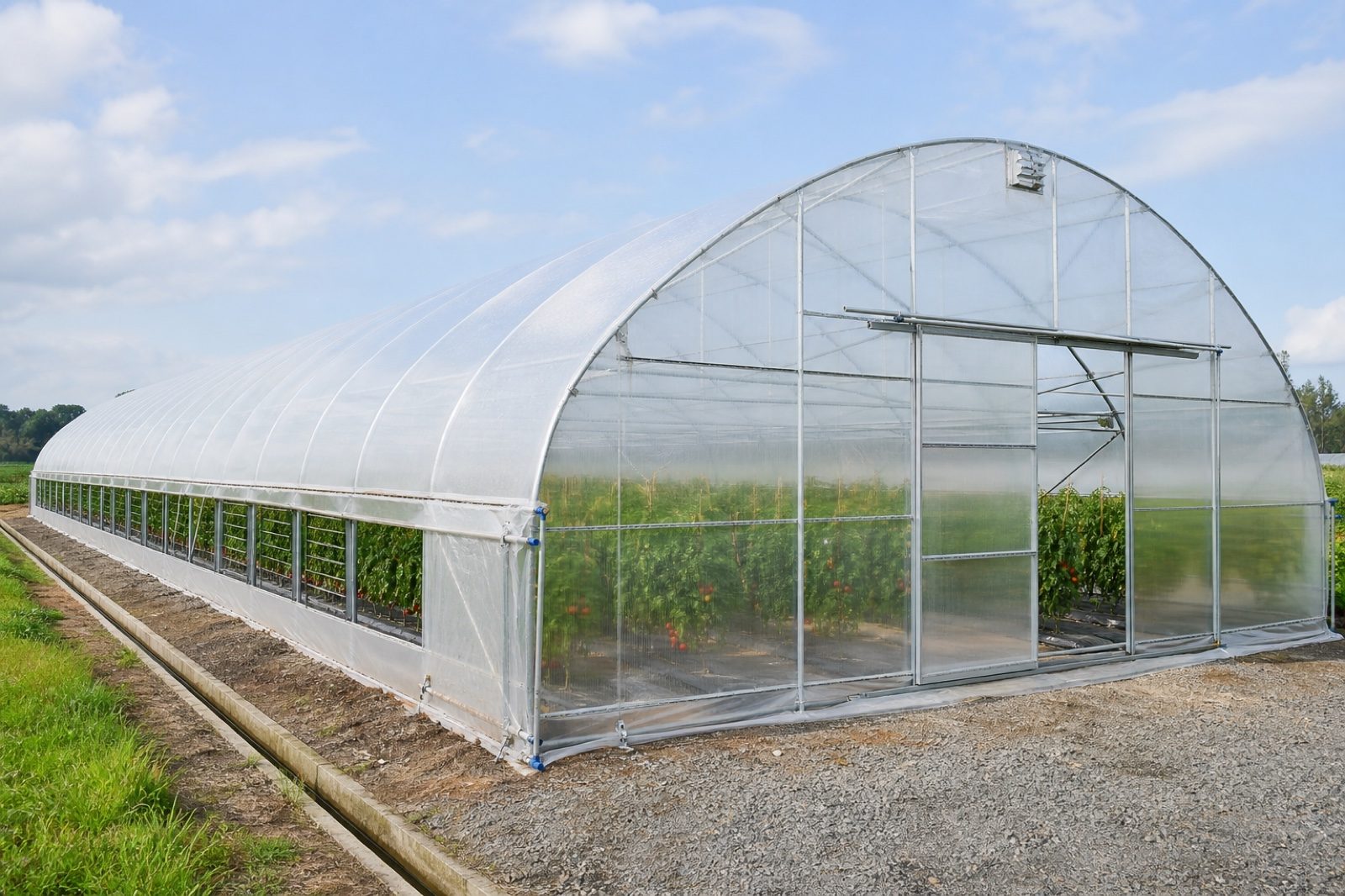 Translucent PE greenhouse film installed on a commercial vegetable greenhouse