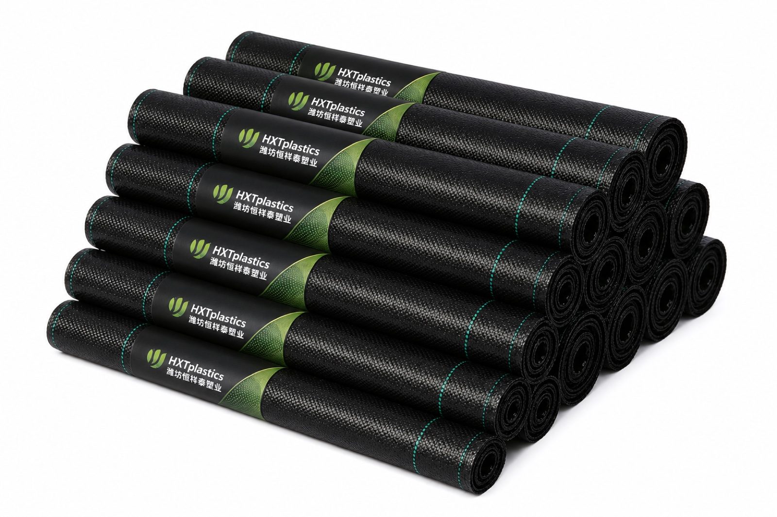 Stacked rolls of PE woven weed barrier with guide lines