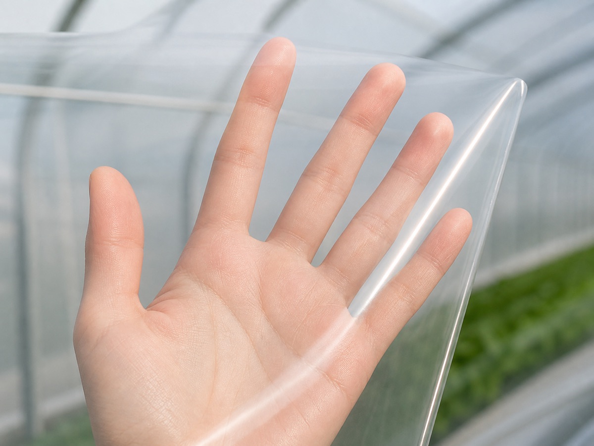 A hand visible clearly through transparent PO greenhouse film