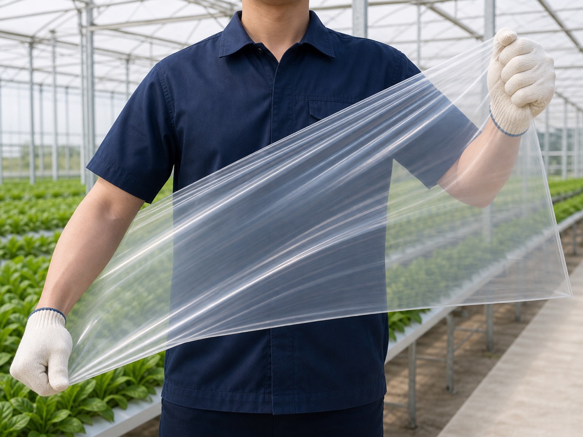 Manual tensile demonstration of clear PO greenhouse film toughness