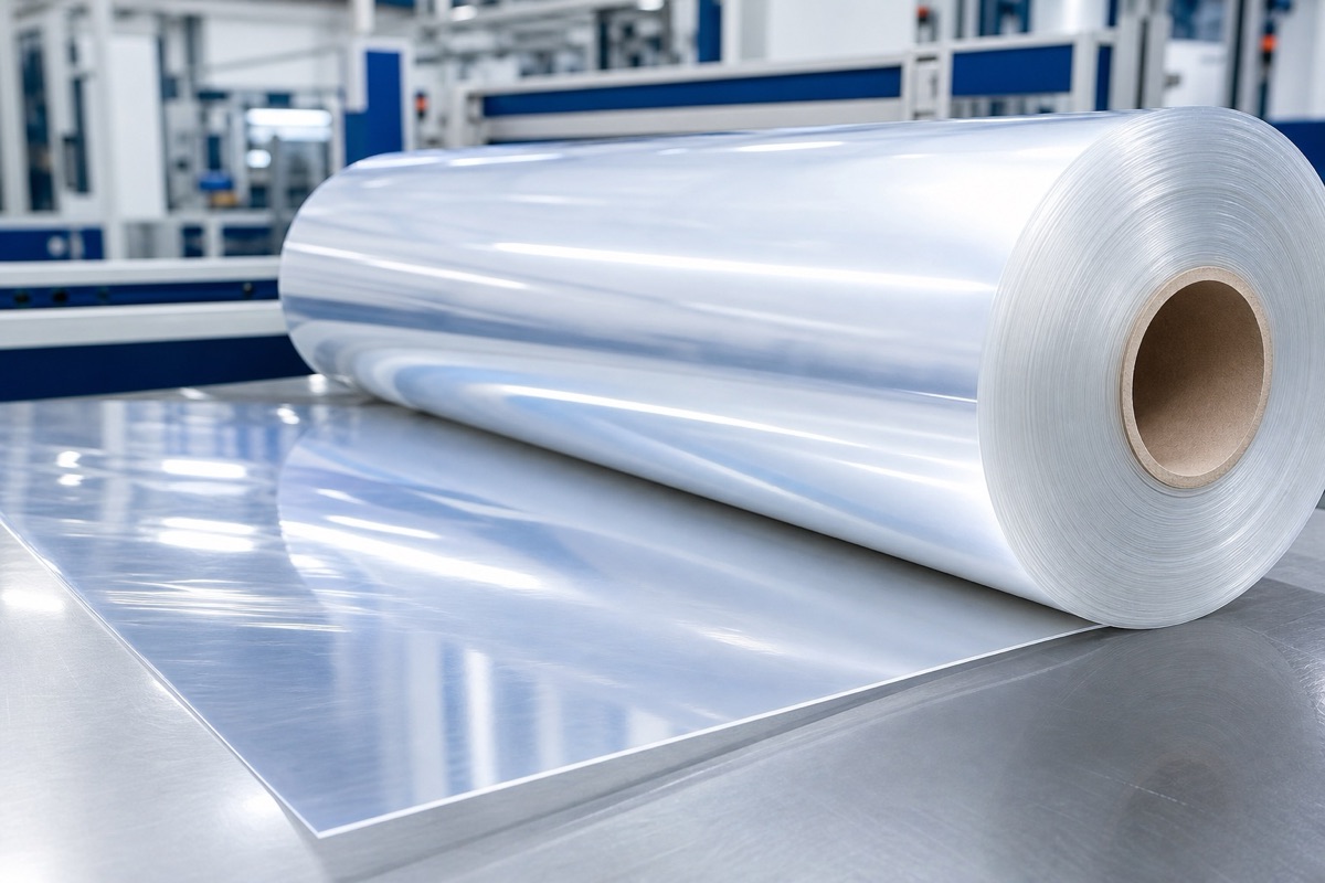 Clear PO greenhouse film roll on a clean factory inspection table