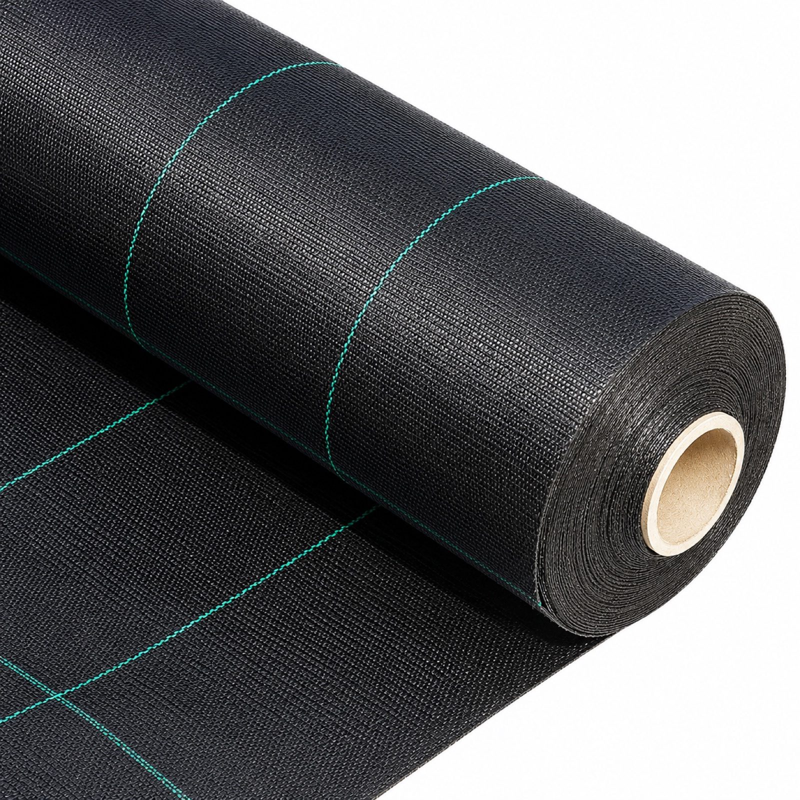 Black PP woven ground cover roll with green guide lines and visible woven texture