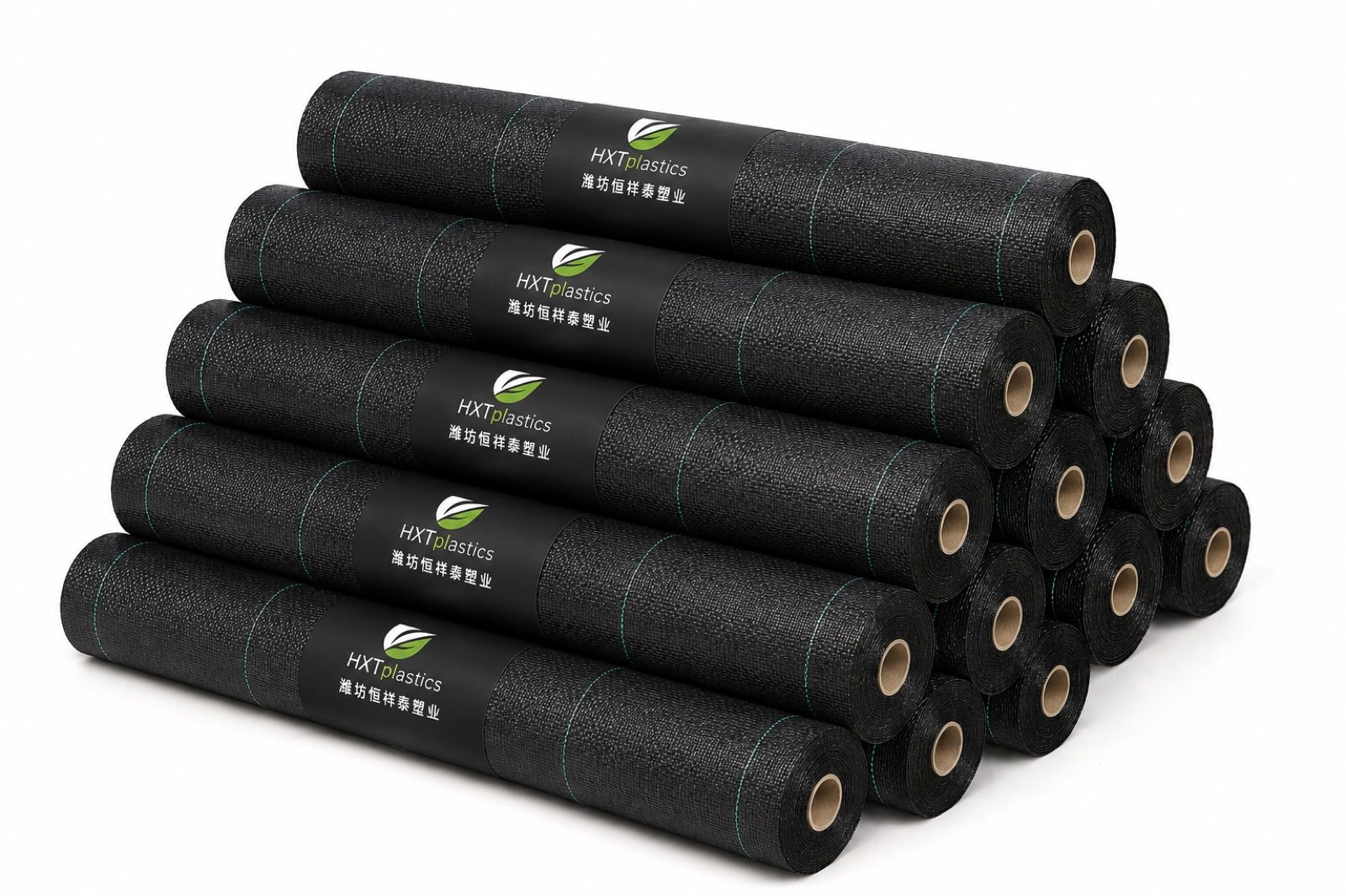 Stacked export rolls of black PP woven ground cover with custom HXT packaging