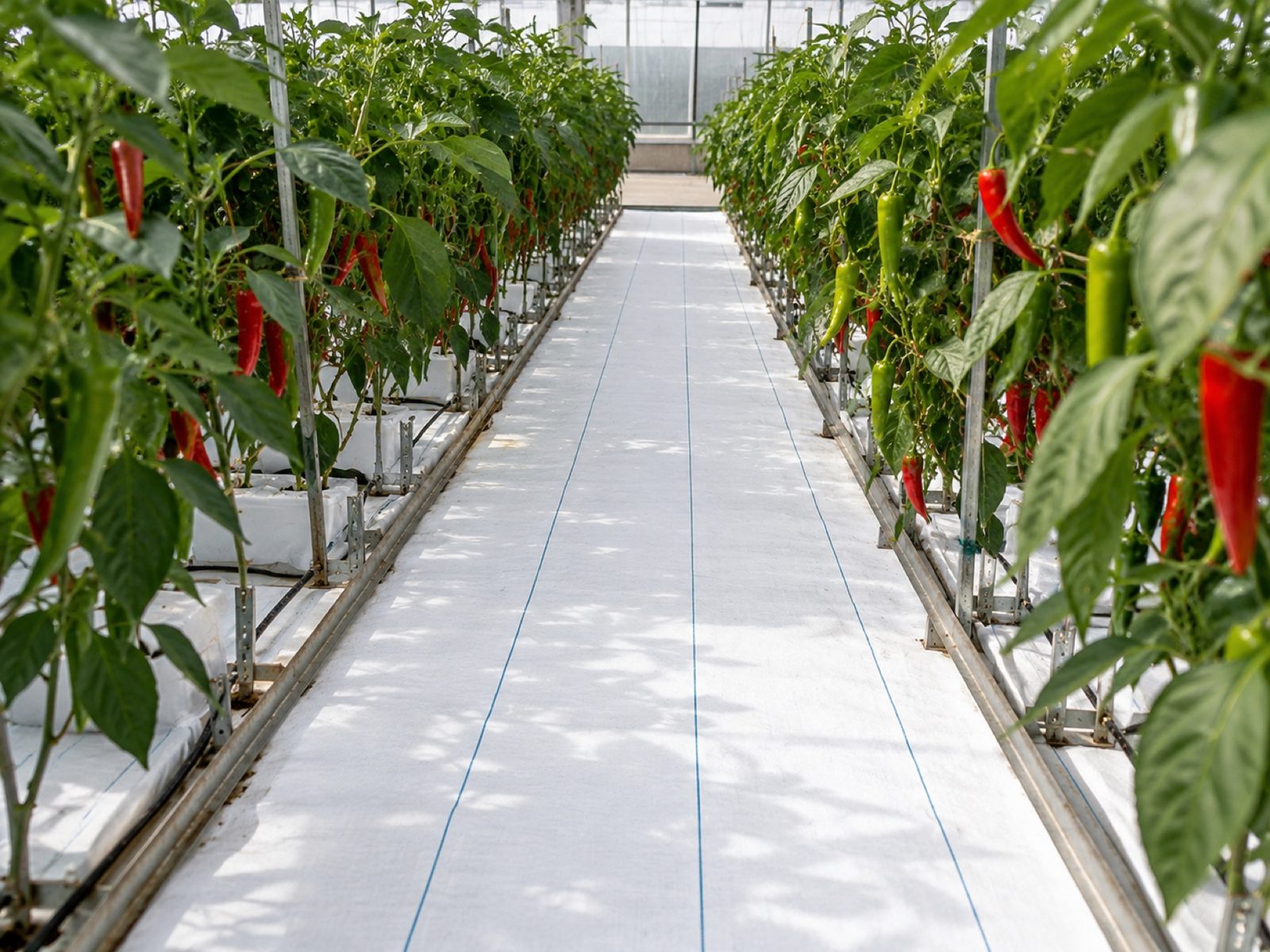 White horticultural ground cloth used in greenhouse pepper rows