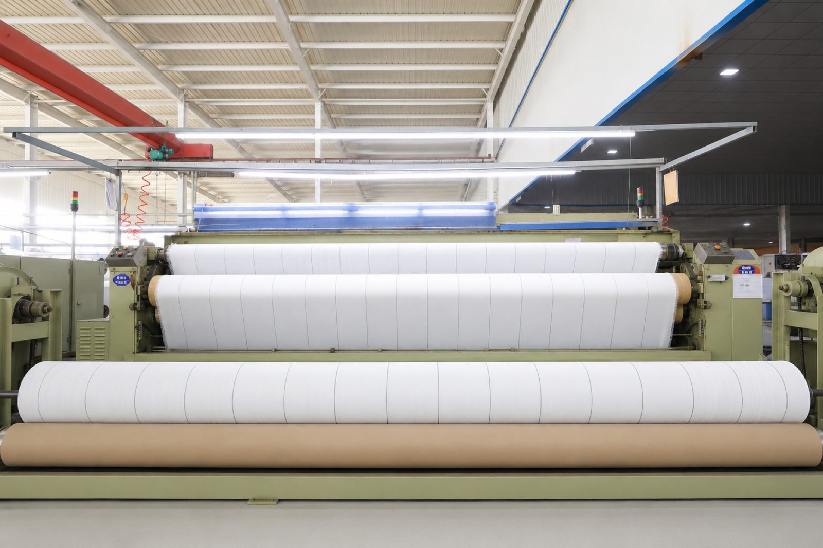 White reflective ground cover fabric running on factory production equipment